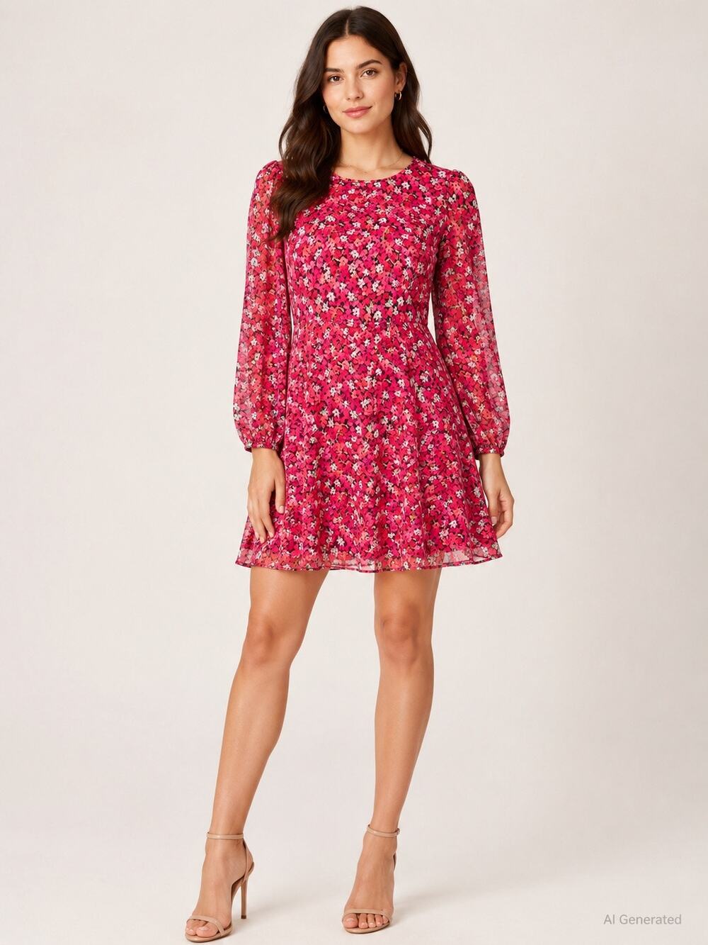 Calvin Klein Womens Floral Mini Dress Pink Red Black 3/4 Sleeve Fit Flare 32” 2P